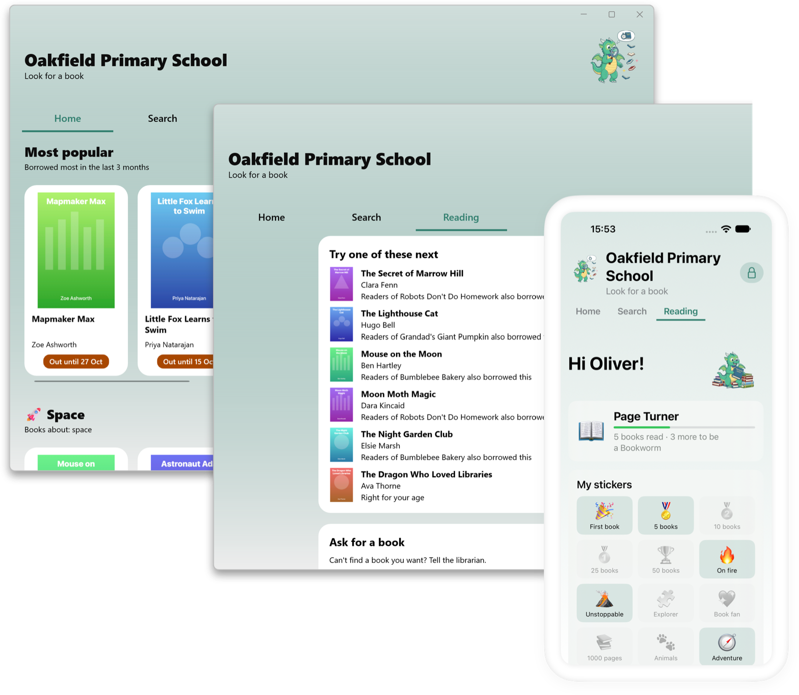 The student window on a computer, showing most popular books and a reading list, and on an iPhone showing a pupil's streak and stickers
